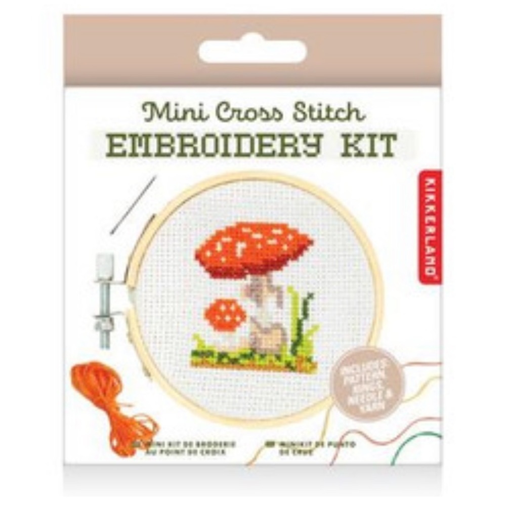 Kikkerland Mini Cross Stitch Embroidery Mushroom Kit, NIB